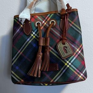 NWT Dooney & Bourke Plaid Tartan Drawstring Bucket Bag Leather Trim